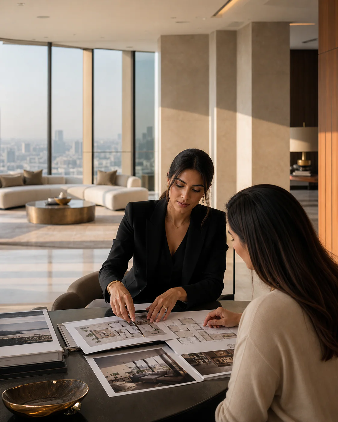 Prime Finder advisor reviewing a Dubai property brief with a client